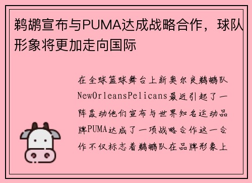 鹈鹕宣布与PUMA达成战略合作，球队形象将更加走向国际
