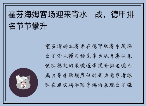 霍芬海姆客场迎来背水一战，德甲排名节节攀升